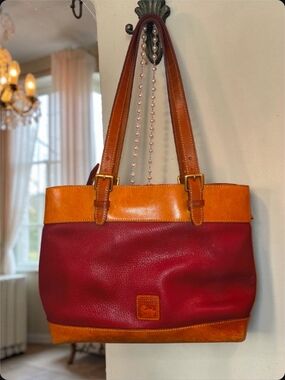 Dooney & Bourke AWL Red Pebbled Leather Tote Bag British Tan Trim Shoulder Bag